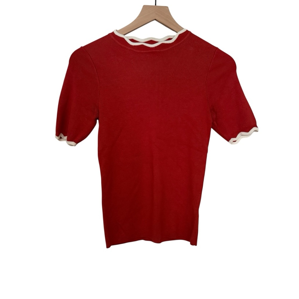 ROOLEE Scalloped Trim Knit Top Burnt Orange White Short Sleeve Small